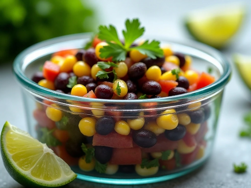 Fresh black bean and corn salsa ready for storage or serving