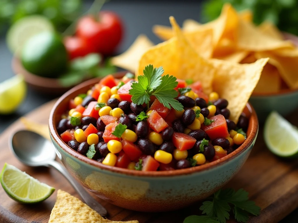 Colorful black bean and corn salsa served with tortilla chips