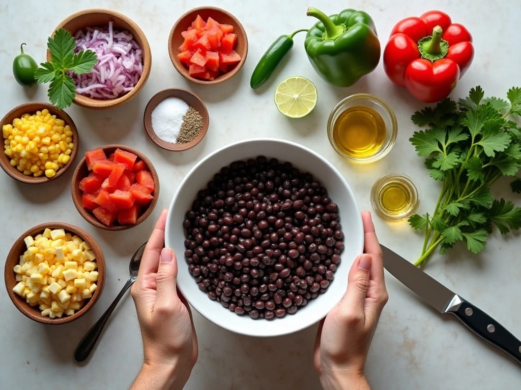 Ingredients for homemade black bean and corn salsa
