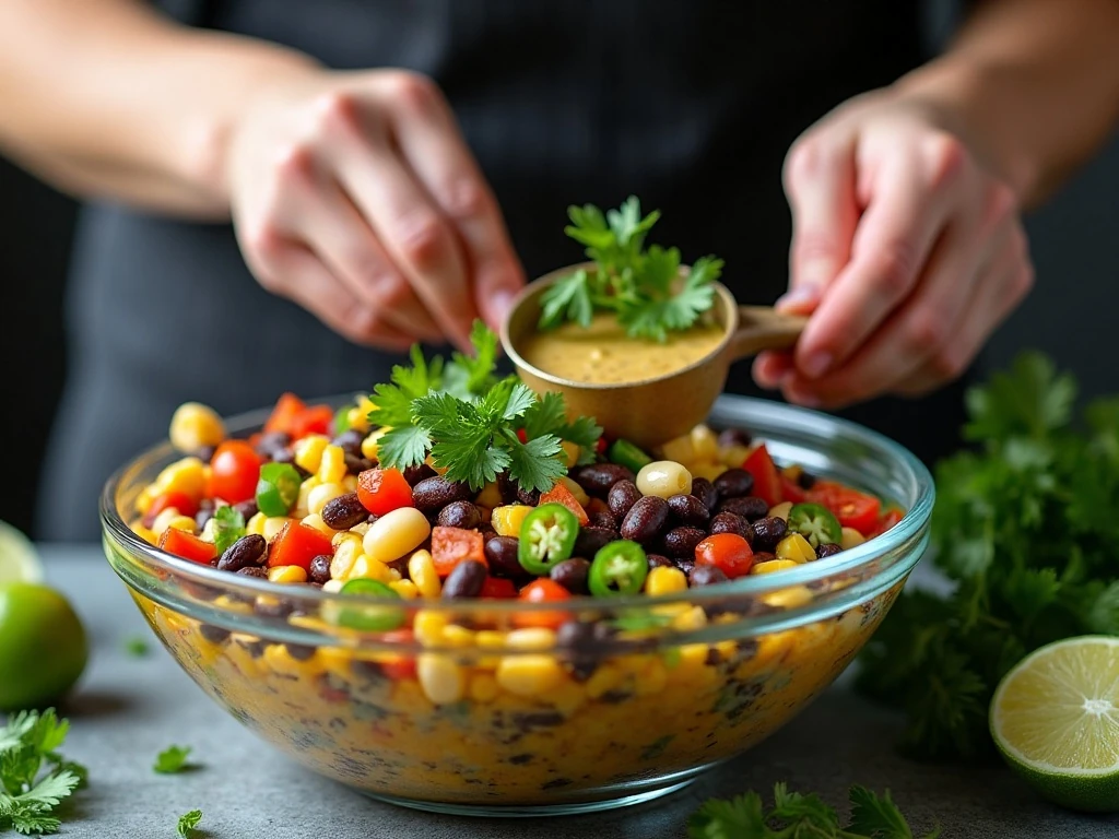 Mixing black bean and corn salsa ingredients in a bowl