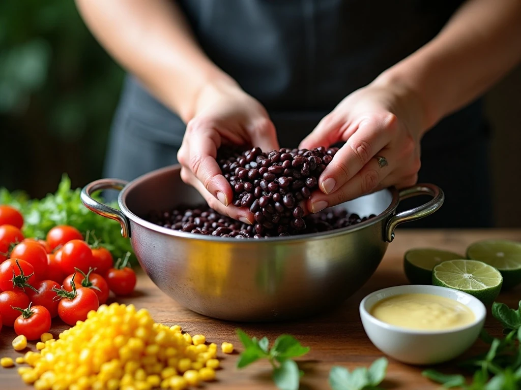 Draining canned ingredients for thick black bean and corn salsa