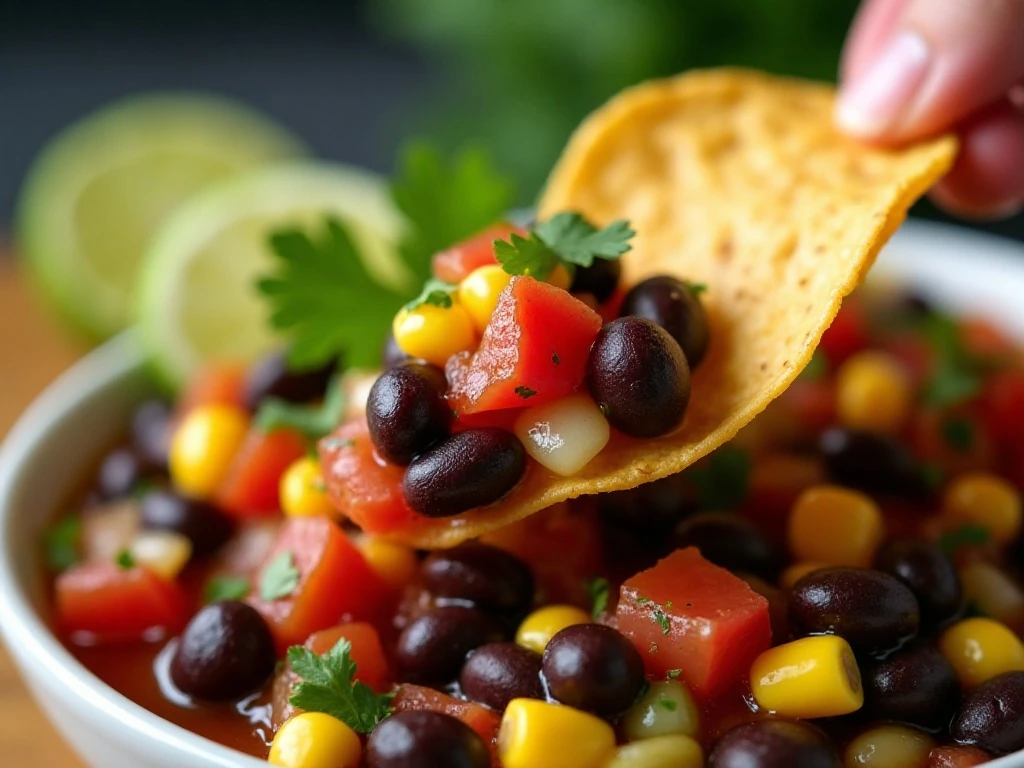 Tortilla chip scooping fresh black bean and corn salsa