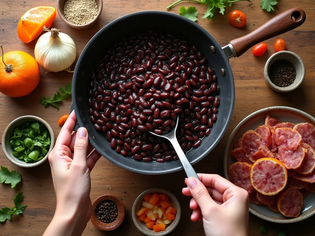 Ingredients for Brazilian feijoada-style black bean stew