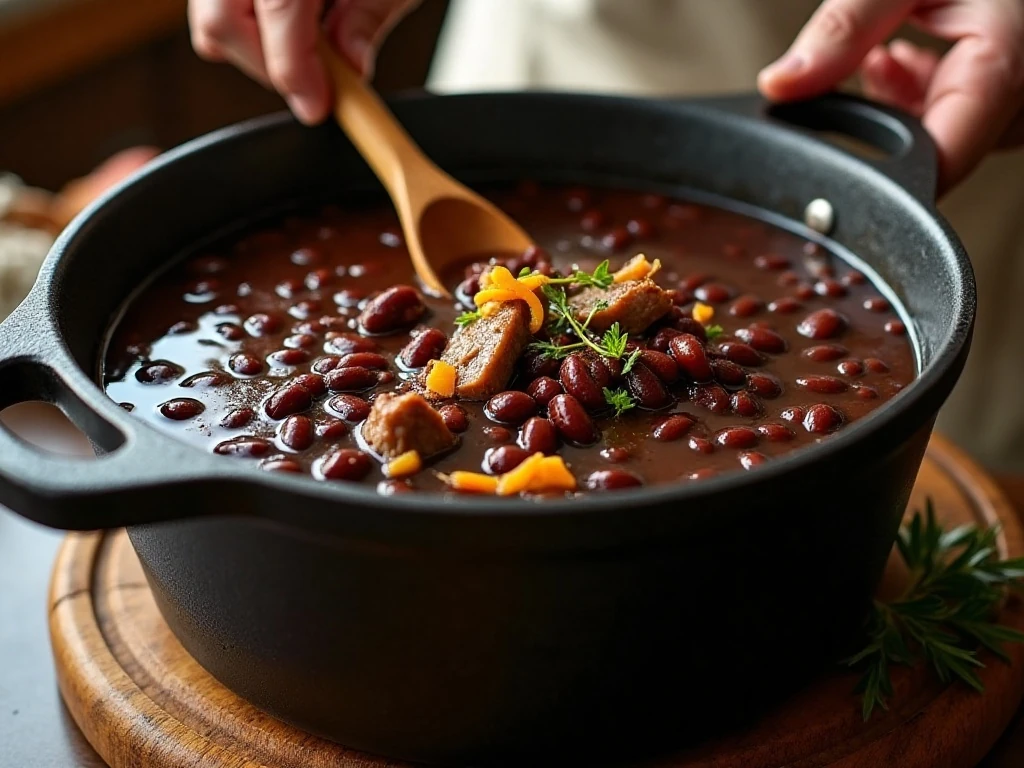 Black beans and pork simmering for Brazilian stew
