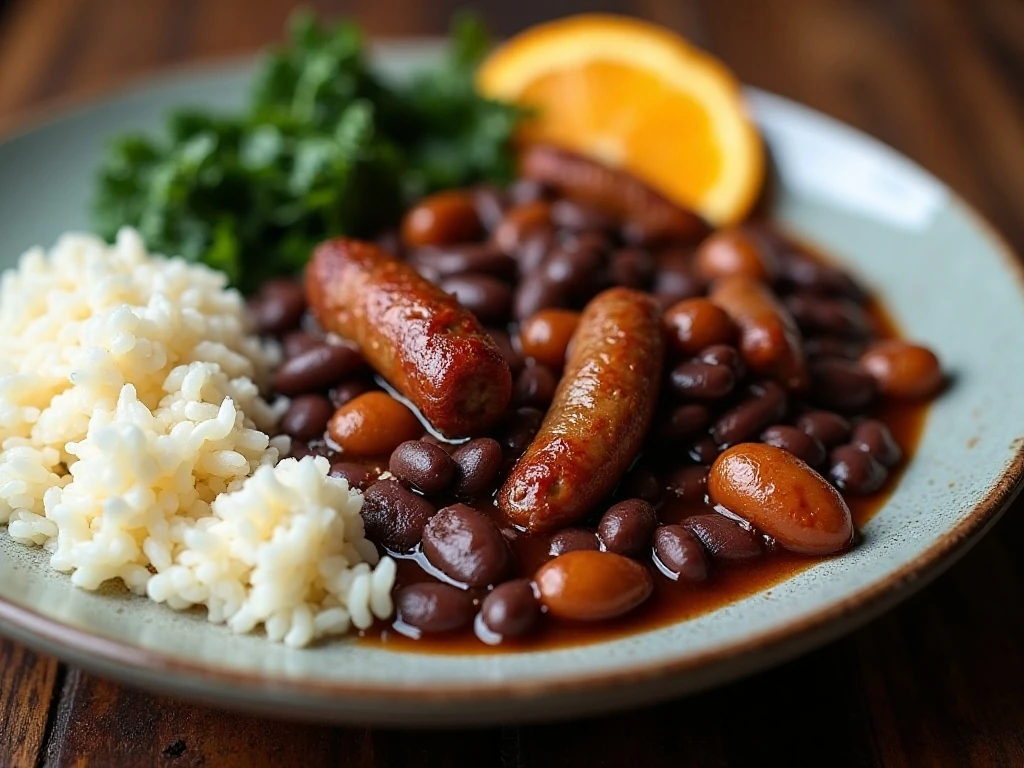 Served feijoada-style black bean stew with rice and sides