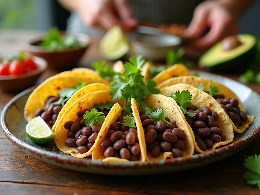 Eight easy black bean tacos with avocado, salsa, cilantro, and lime