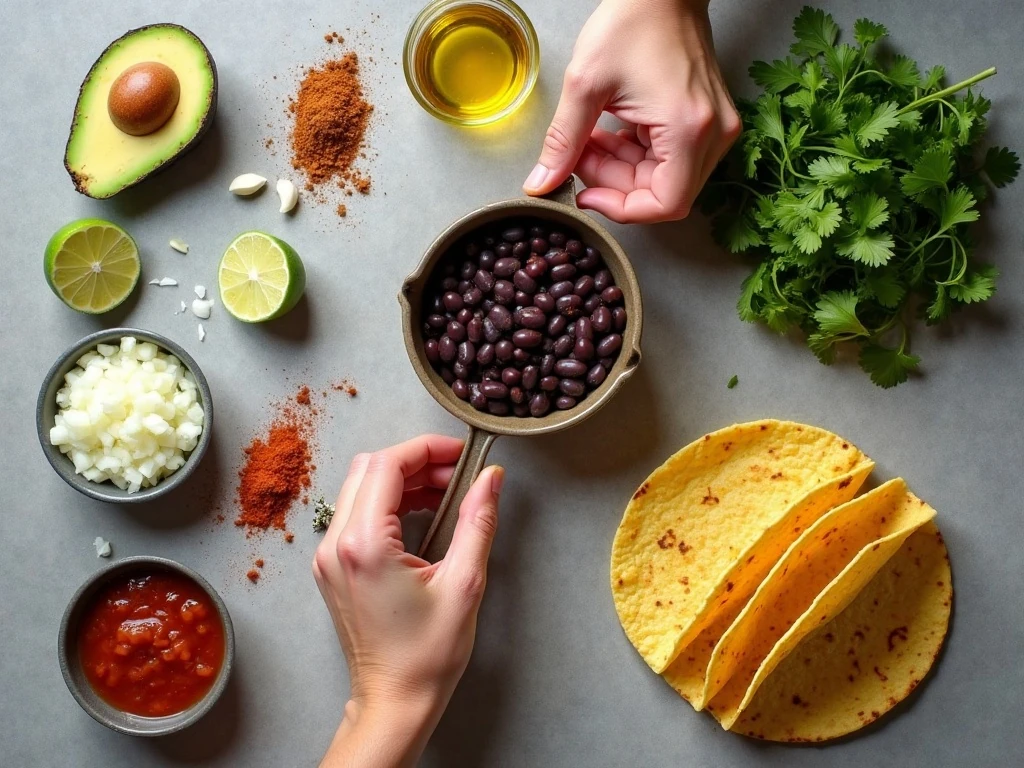 Ingredients for easy black bean tacos arranged for cooking