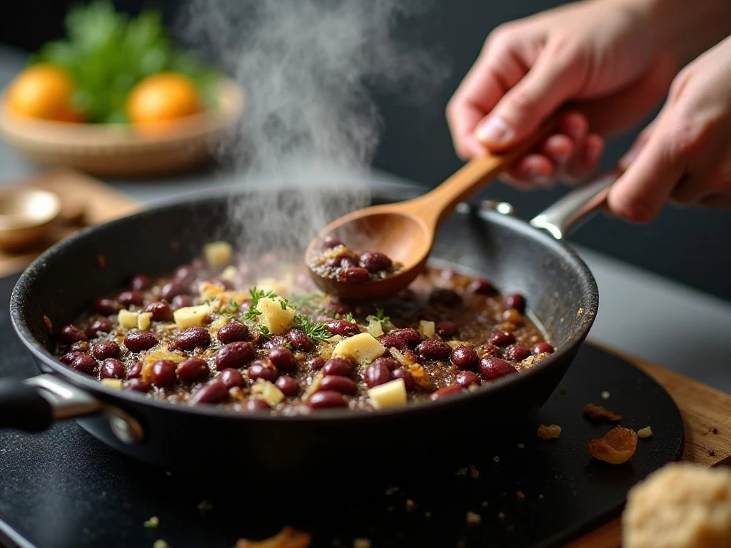 Seasoned black bean taco filling being lightly mashed in a skillet