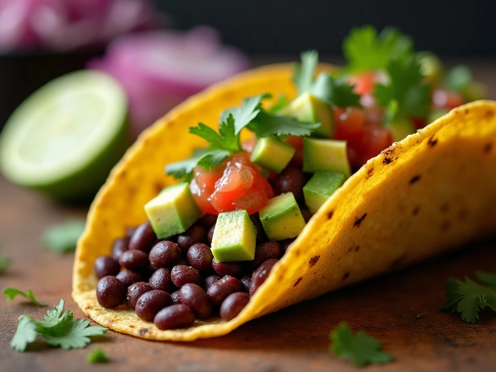 Close-up black bean taco with avocado salsa cilantro and lime