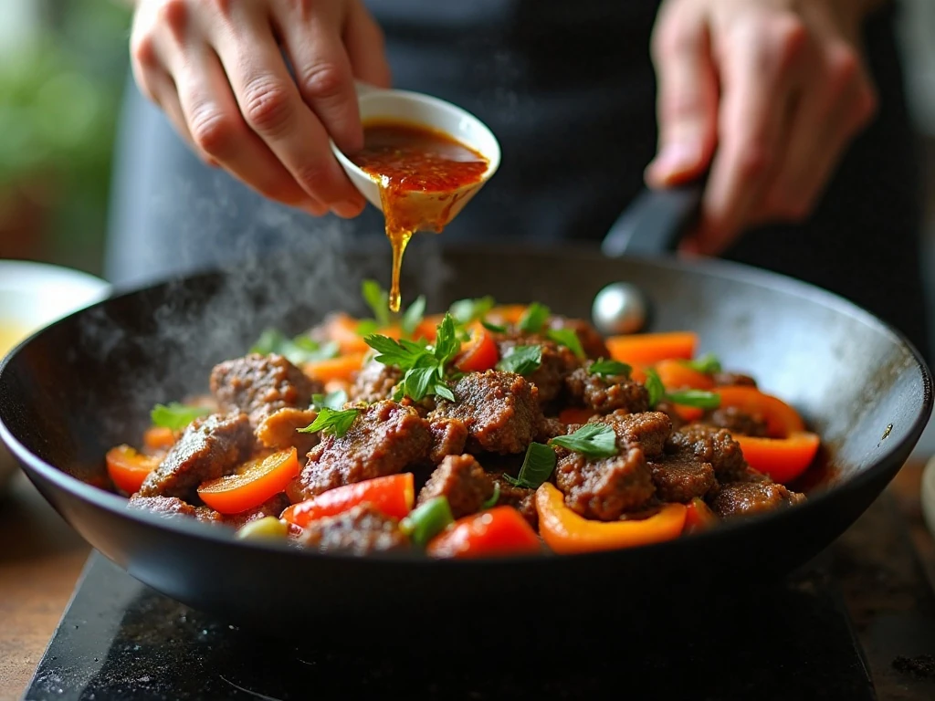 Beef and vegetables being stir-fried in a hot wok