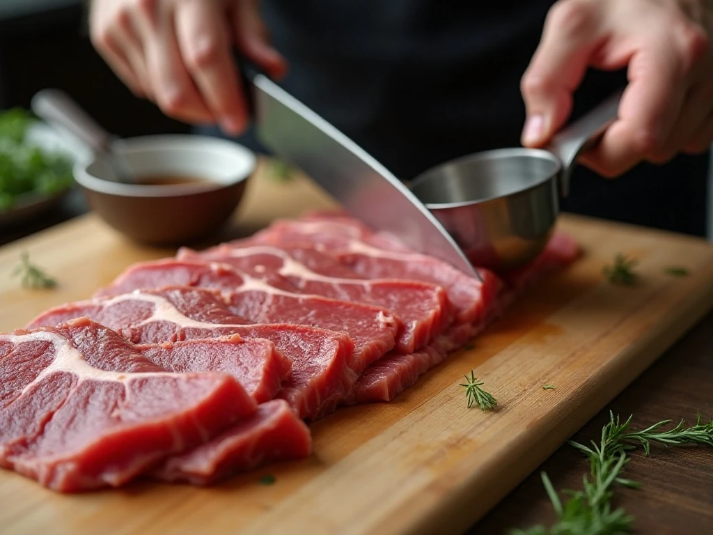 Thinly slicing beef against the grain for a tender stir-fry