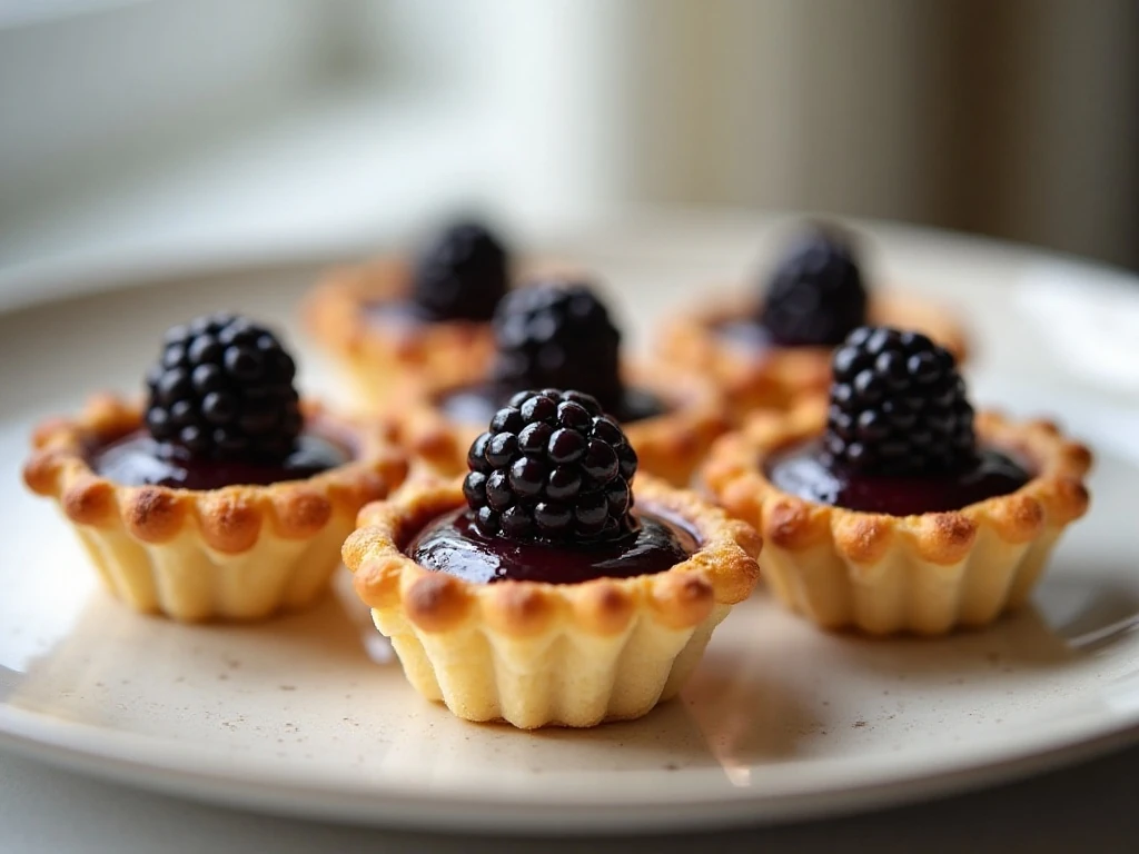 Six golden individual blackberry tarts arranged on a serving platter