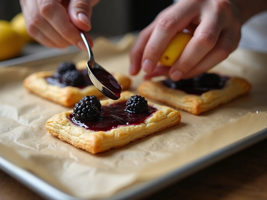 Filling scored puff pastry with blackberry mixture