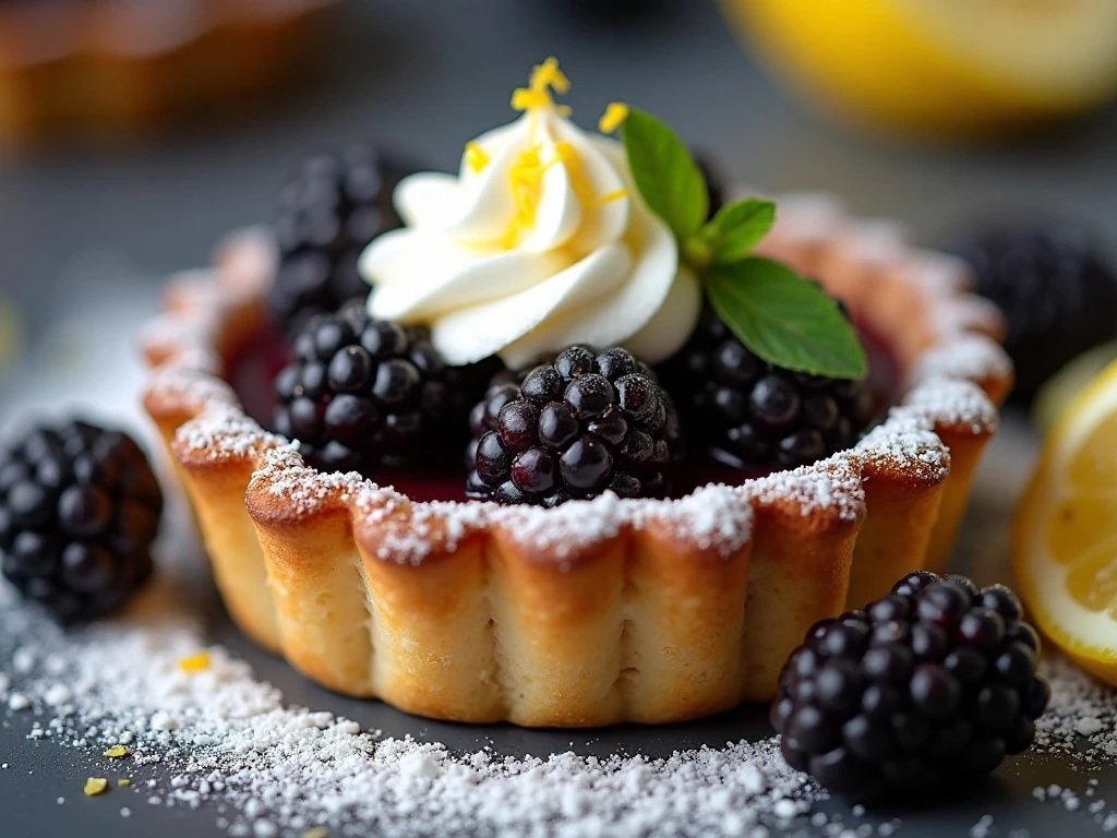 Blackberry tart with whipped cream, lemon zest, and fresh berries