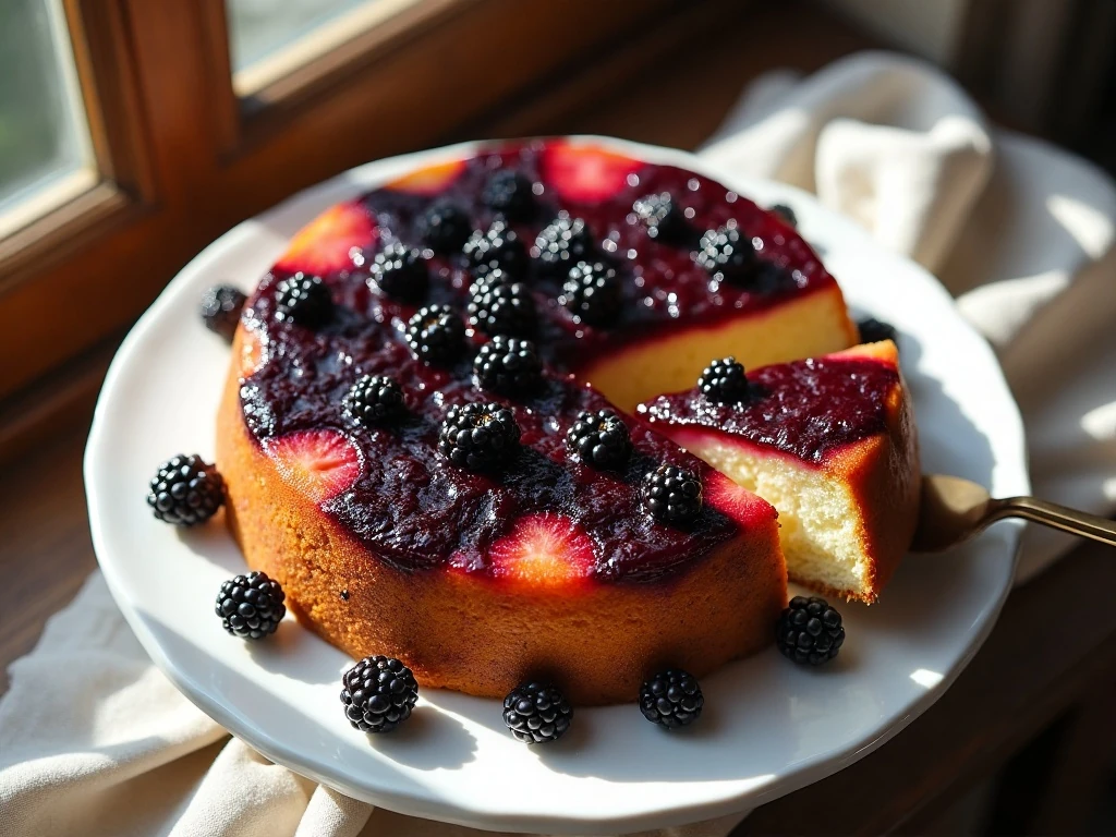 Whole easy blackberry upside-down cake with a glossy berry topping