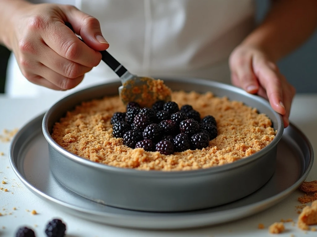 Spreading cake batter over blackberries before baking