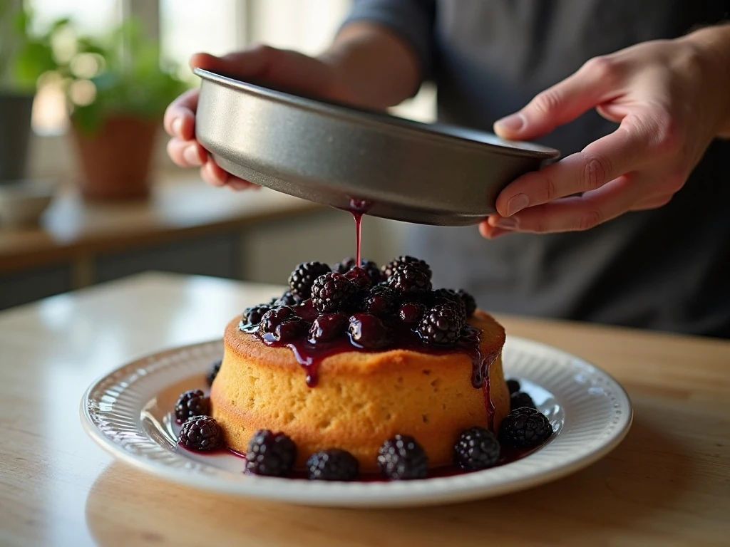 Turning out a warm blackberry upside-down cake