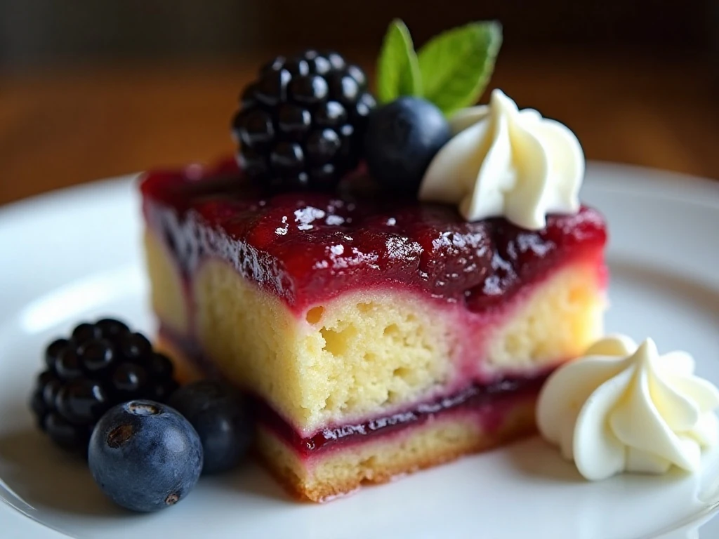 Blackberry upside-down cake slice with fresh berries and whipped cream