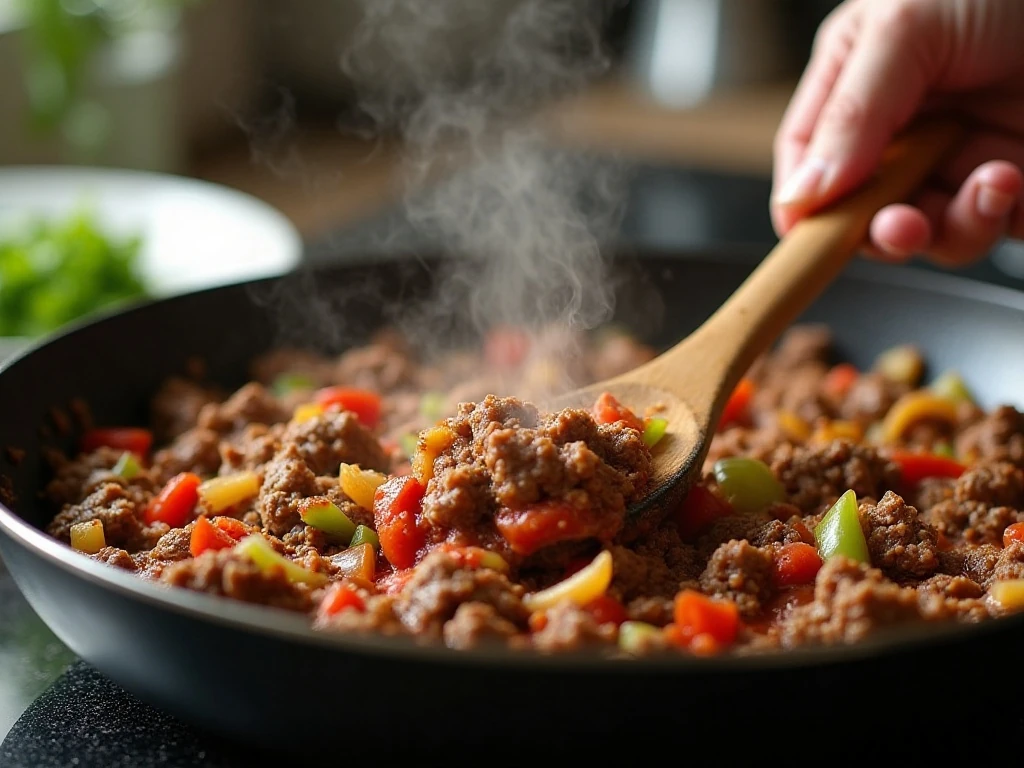 Ground beef and vegetables cooking in a skillet for sloppy Joes