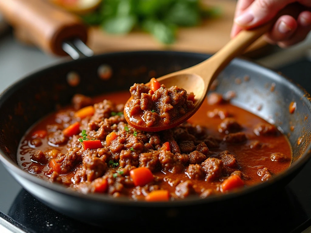 Thick sloppy Joe filling simmering uncovered in a skillet