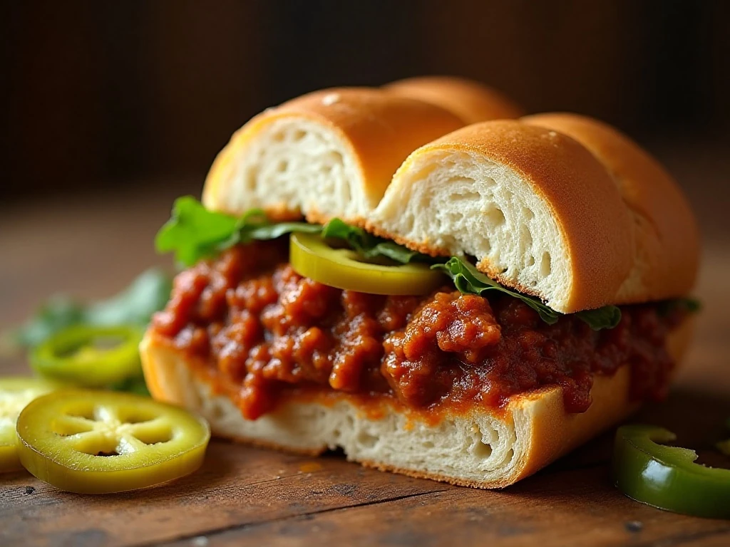 Close-up of saucy sloppy Joe filling inside a toasted hamburger bun