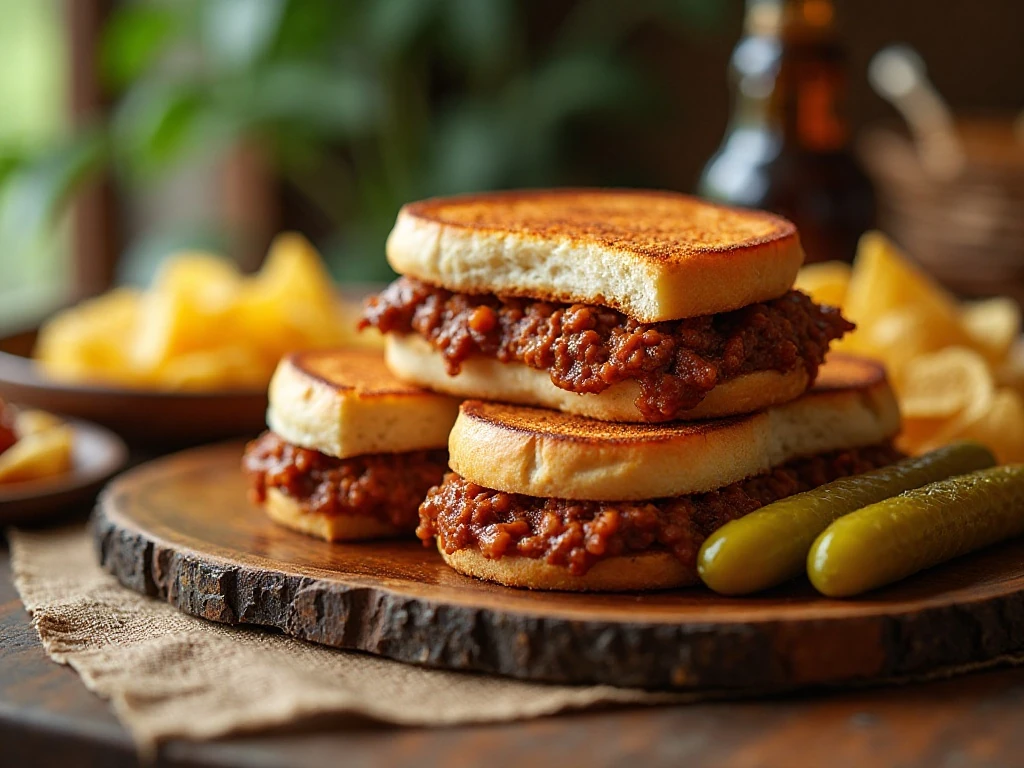 Blanche Matthews sloppy joe sandwiches served with pickles and potato chips