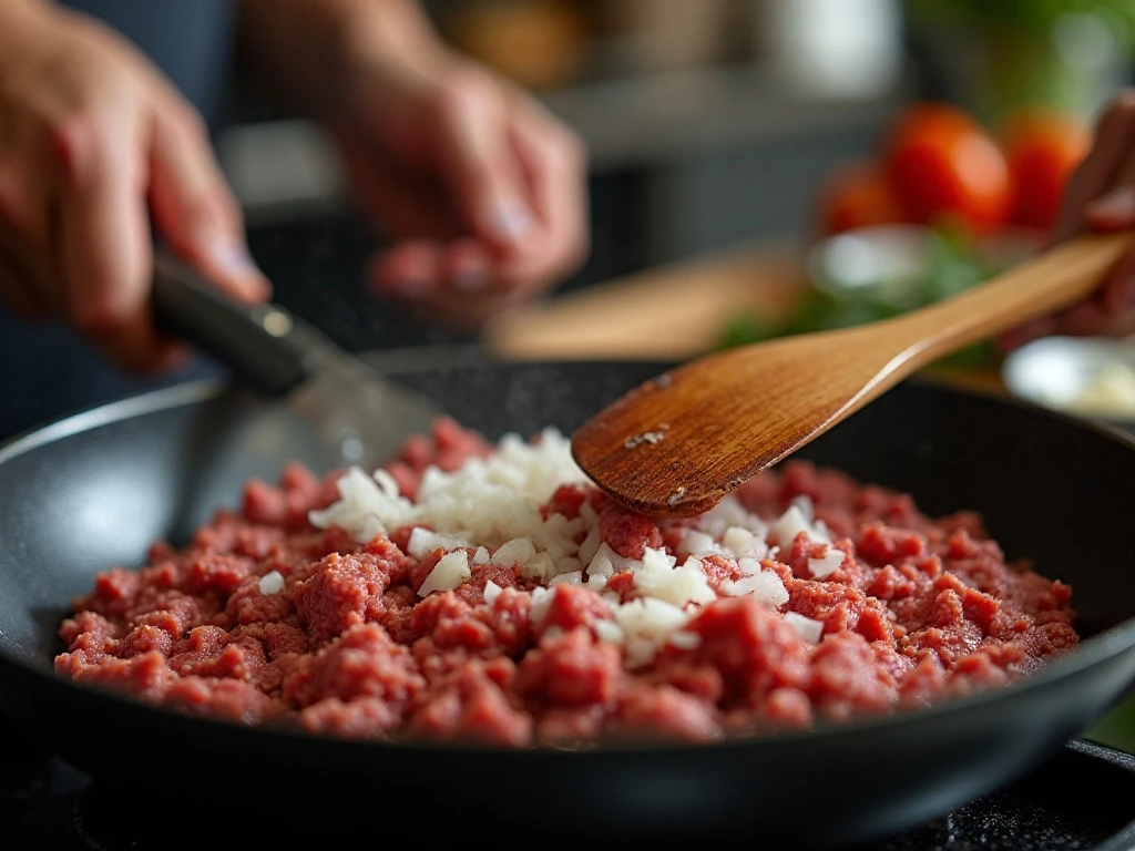 Ground beef and onion browning in a skillet for sloppy joes