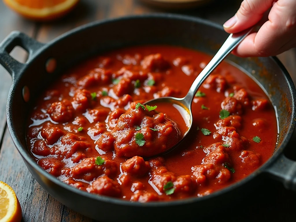 Thick sloppy joe filling simmering uncovered in a skillet