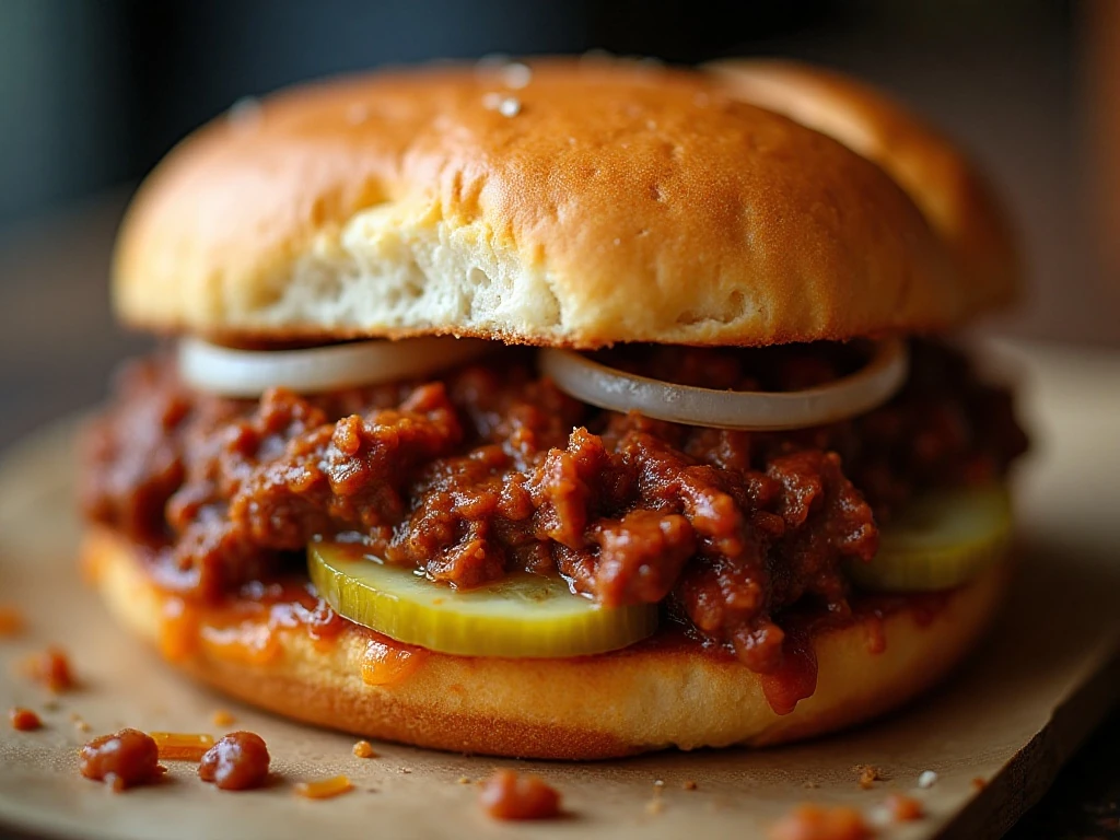 Close-up of a saucy toasted sloppy joe sandwich with pickles