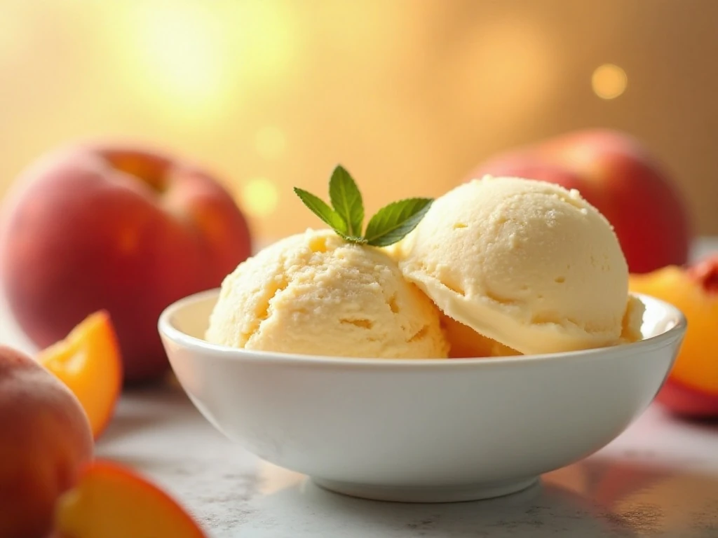Homemade blender peach ice cream served in a bowl with fresh peaches