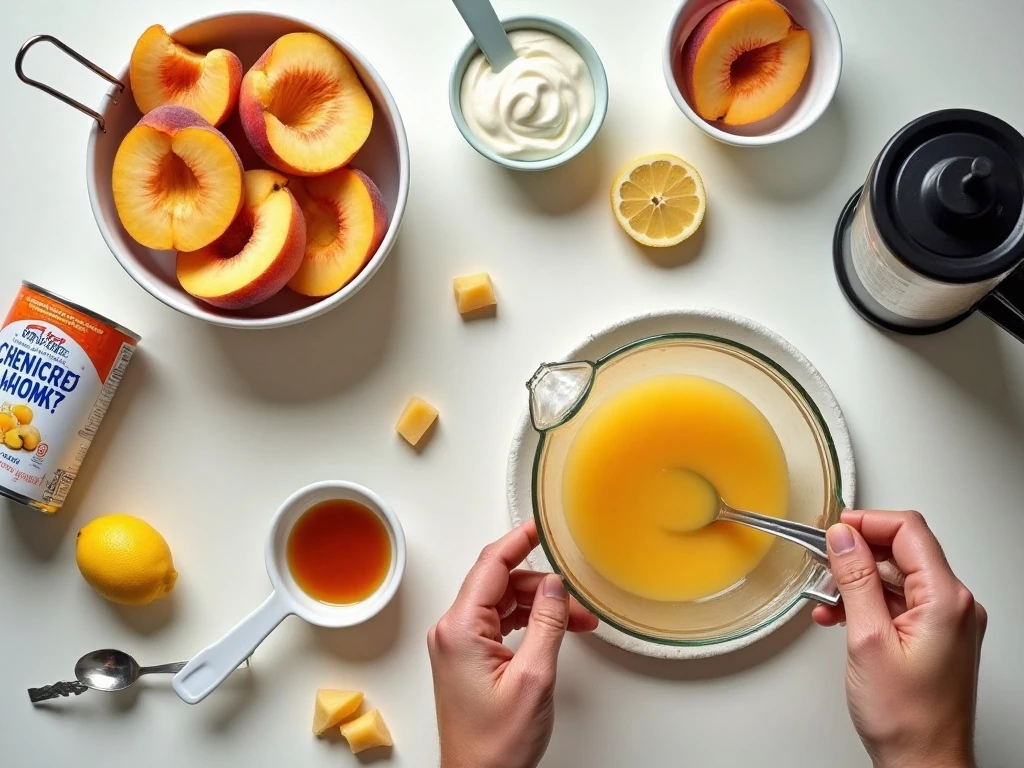 Ingredients for easy blender peach ice cream arranged on a counter