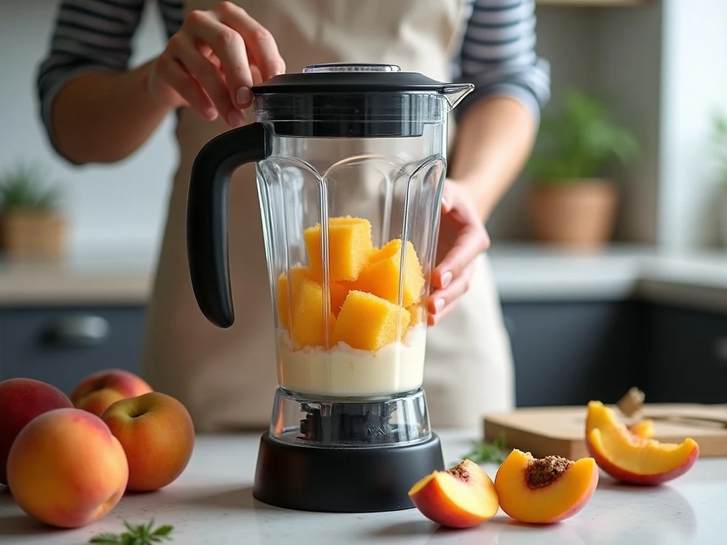 Frozen peaches and cream blending together for homemade peach ice cream