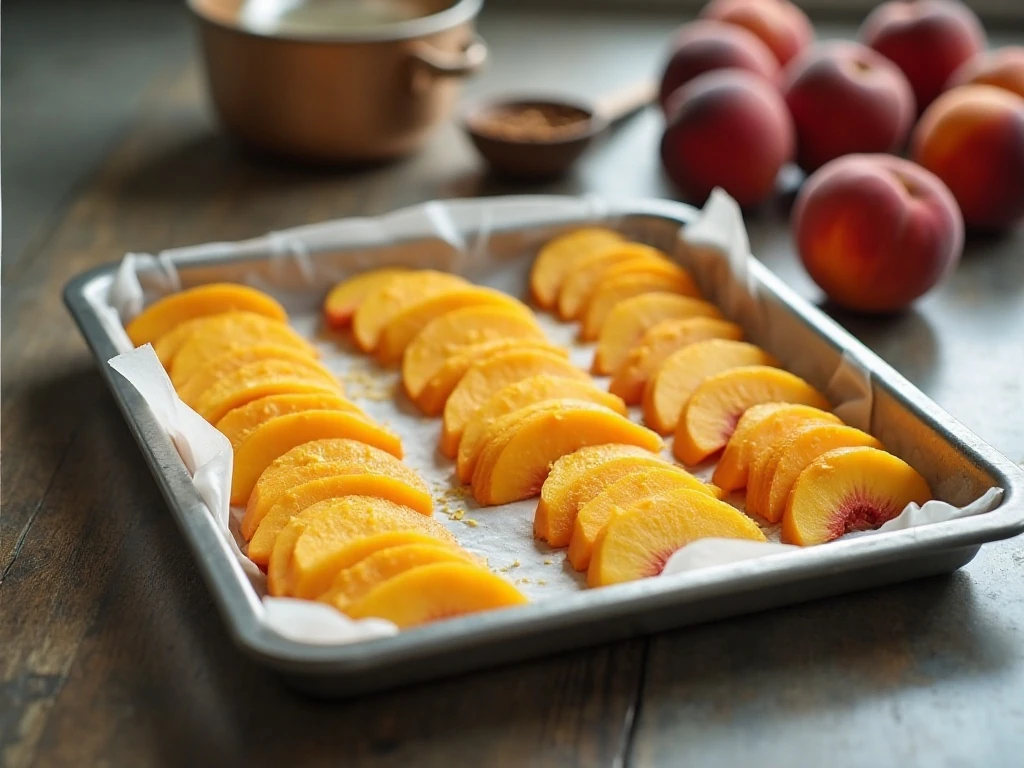 Peach slices arranged in a single layer before freezing