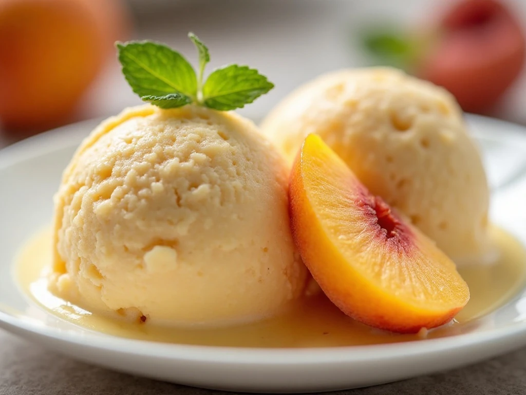 Peach ice cream topped with fresh peach slices and mint