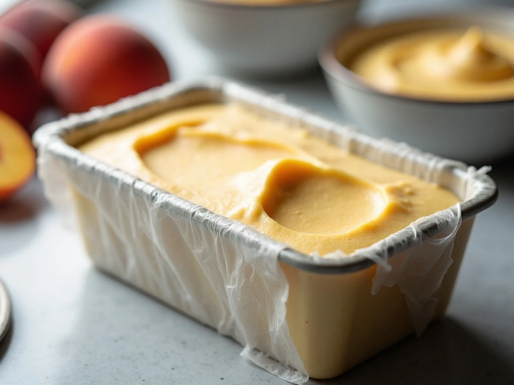 Covered homemade peach ice cream ready for final freezing