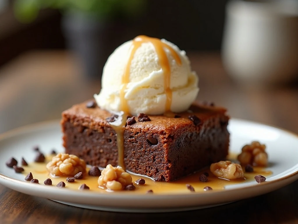 Blondie brownie served warm with vanilla ice cream