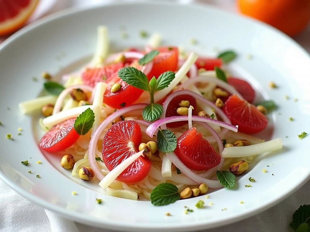 Zesty blood orange fennel salad served on a white platter