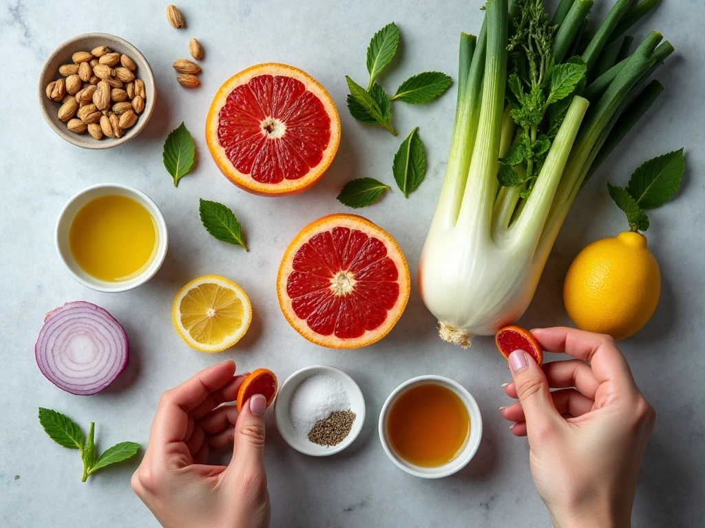Ingredients for blood orange fennel salad and citrus dressing