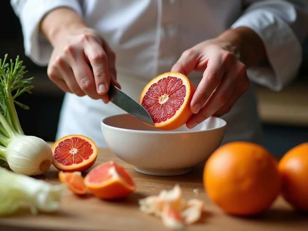 Segmenting blood oranges over a bowl for fennel salad