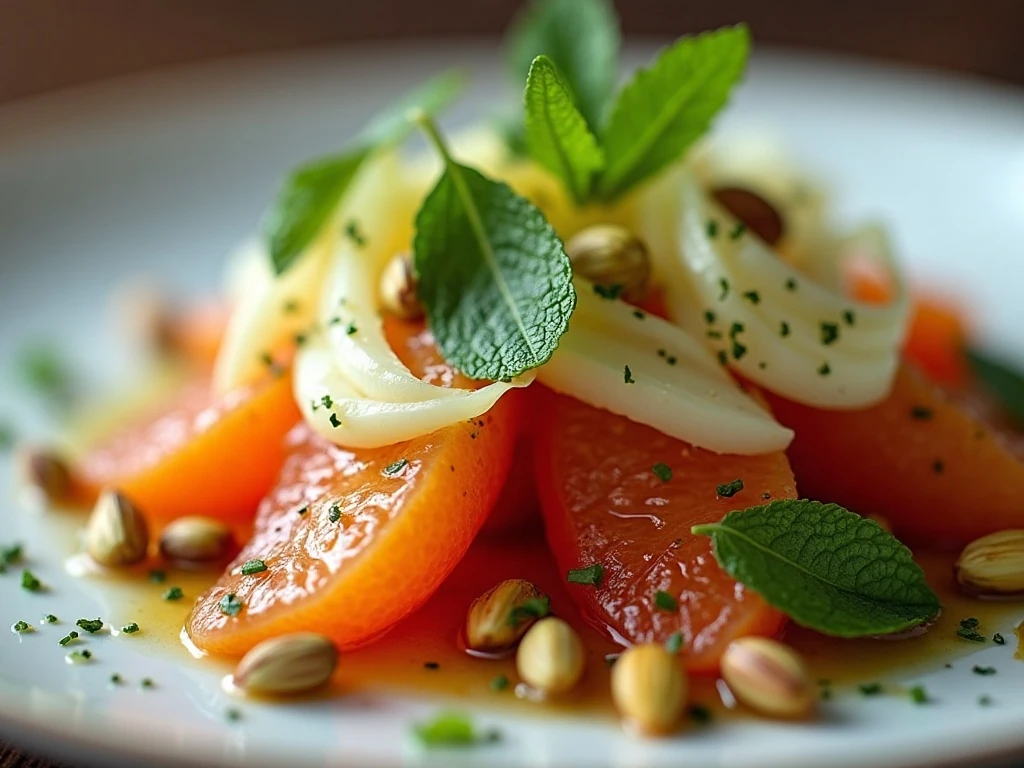 Close-up of fennel, mint, blood orange, and pistachio salad garnish