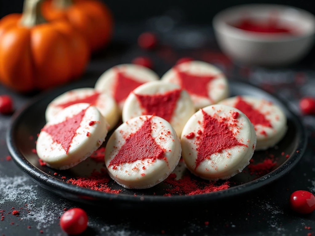 Blood-spatter Oreo cookies arranged on a Halloween dessert platter