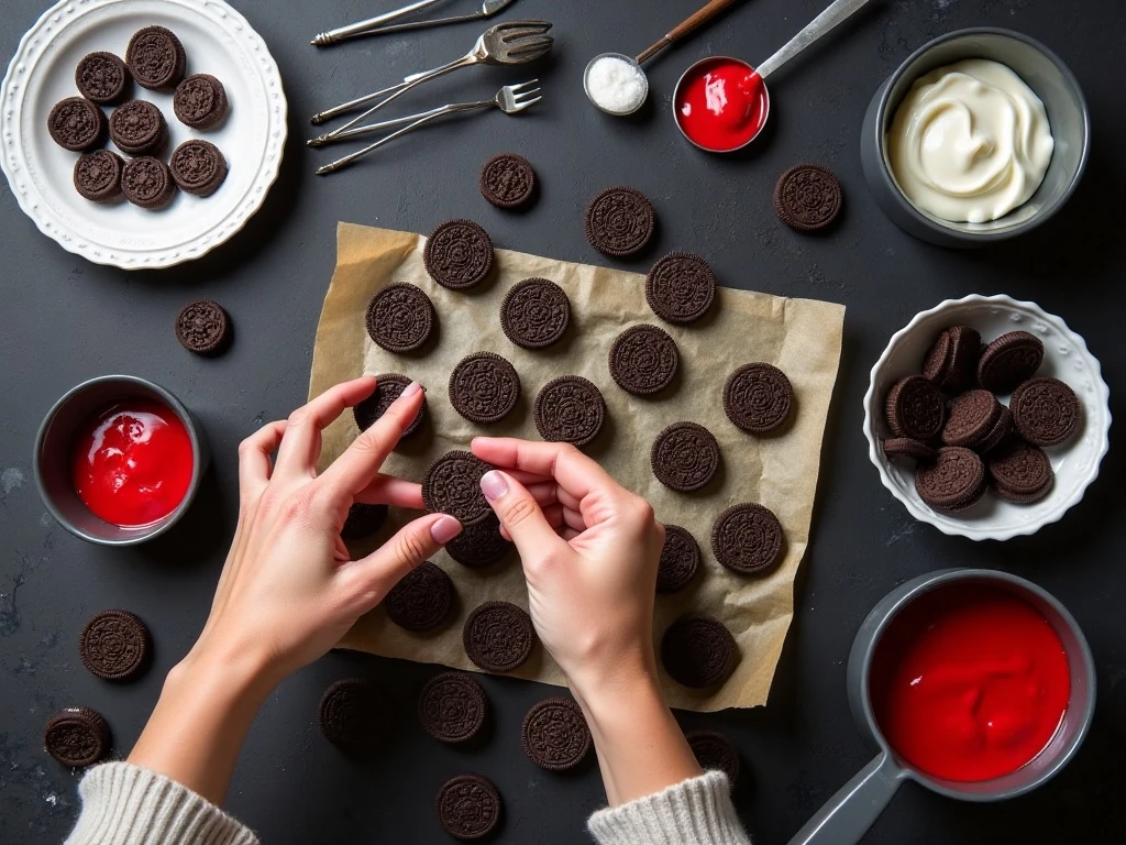Ingredients and tools for blood-spatter Oreo cookies