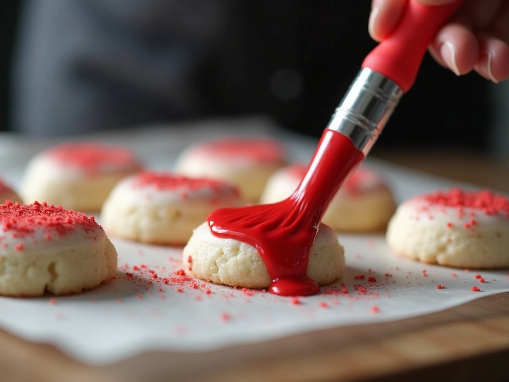 Decorating white-coated Oreos with red candy splatter