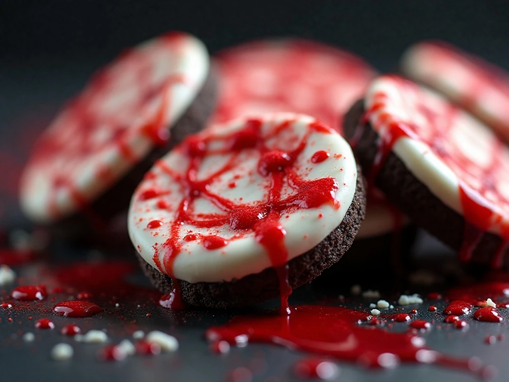 Close-up of different red splatter patterns on Oreo cookies