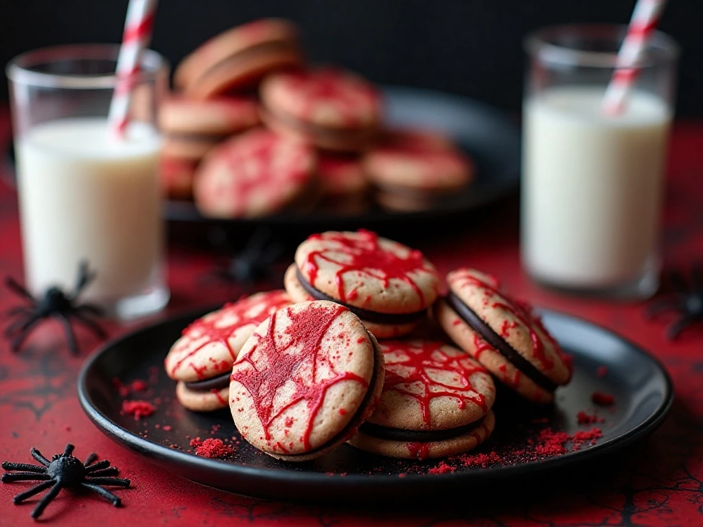 Halloween dessert table featuring blood-spatter Oreo cookies