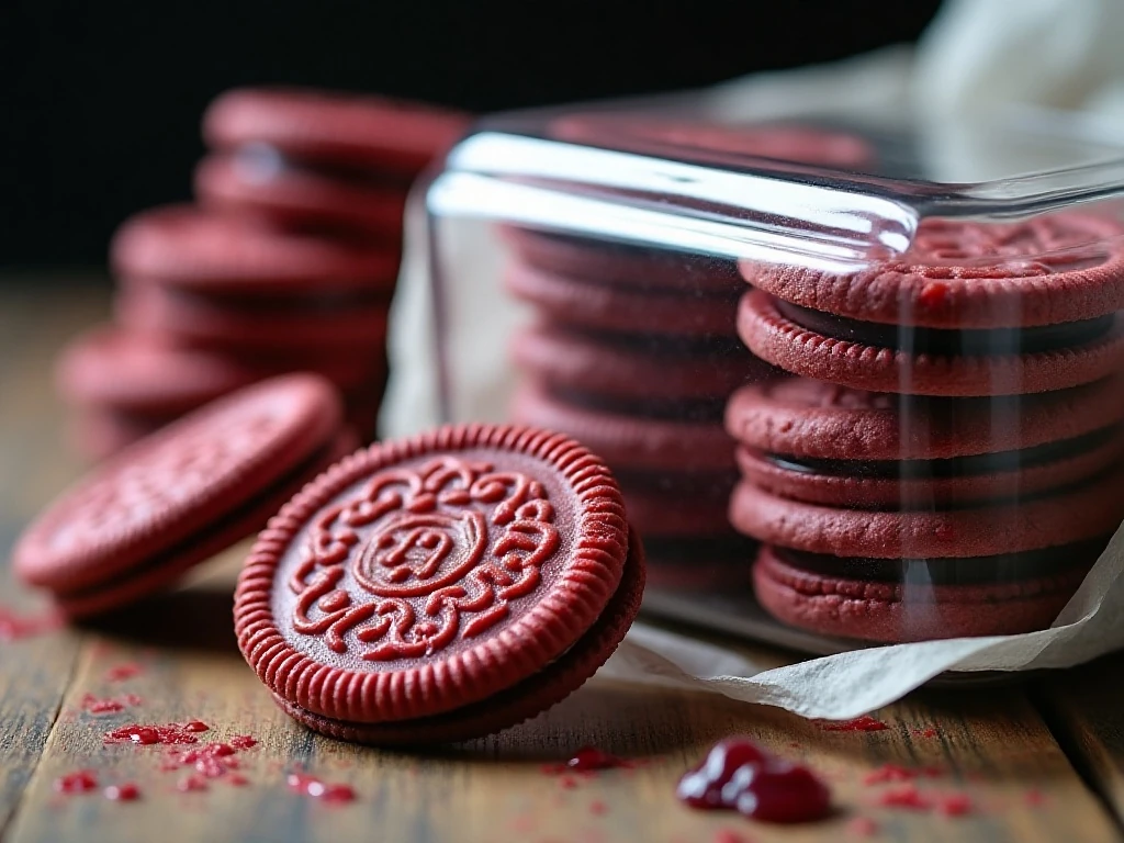 Stored and wrapped blood-spatter Oreo cookies