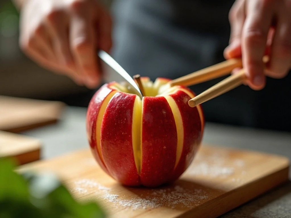 Cutting an apple into petals for baking