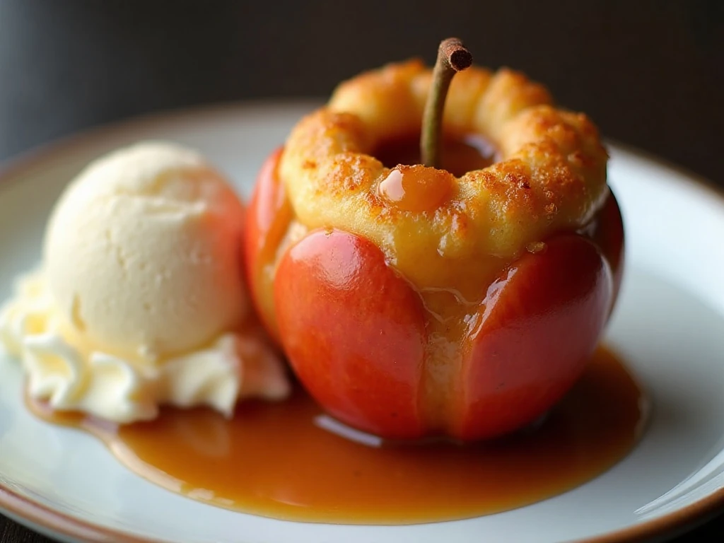 Blooming baked apple with caramel and vanilla ice cream