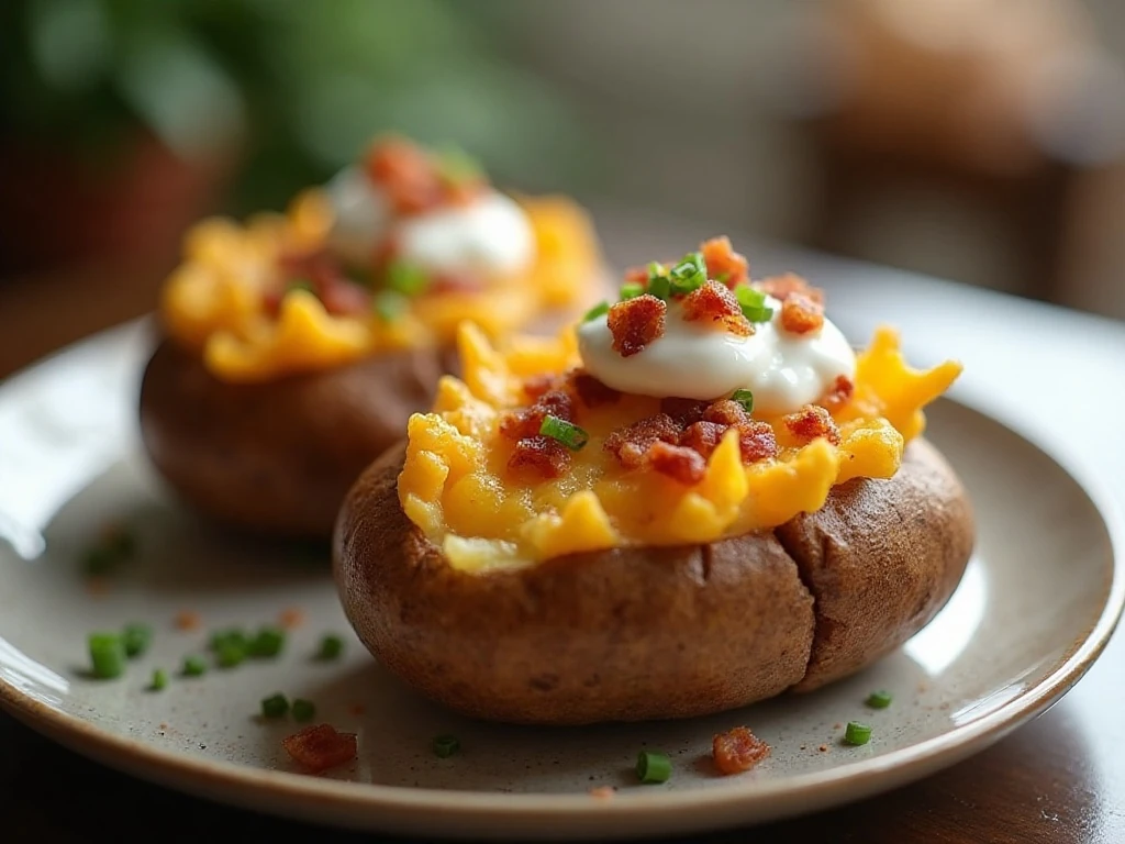 Crispy blooming baked potatoes with cheddar, bacon, sour cream, and chives