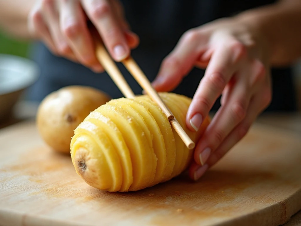 Cutting a russet potato into a blooming crosshatch pattern